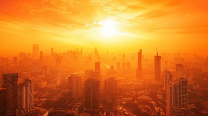 Sunrise over a modern city skyline with skyscrapers silhouetted against the orange sky.