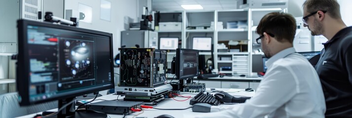 Computer architecture lab with researchers developing and testing new CPU designs with copy space