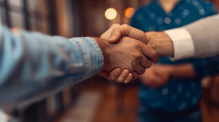 Closeup of two hands shaking, symbolizing agreement and partnership.