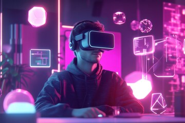 Aufkleber - A virtual reality designer explores innovative concepts in a modern studio filled with floating 3D objects at night. Generative AI