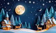 © Miklos - A winter wonderland scene with paper cutouts of houses, trees, and deer under a glowing full moon