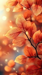 Wall Mural - closeup of a branch with vibrant orange autumn leaves, illuminated by warm sunlight, with bokeh effe