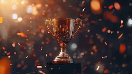 Golden championship cup standing tall on a platform, with confetti and ribbon decorations in the background, celebrating a victorious achievement