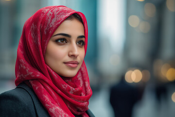 Middle Eastern Female Banker with Red Scarf and  in Suit