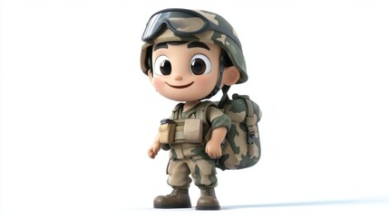 Wall Mural - Adorable military cartoon with a backpack and helmet, ready for an adventure, isolated on a white background.