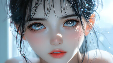 Poster - Anime Girl with Blue Eyes and Long Black Hair - Digital Art