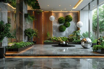 A large room with a fountain and plants