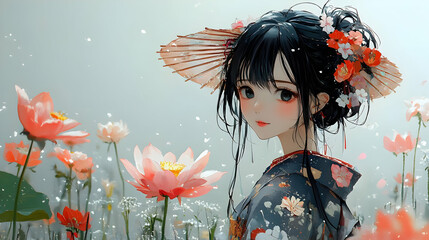 Wall Mural - Anime Girl in a Kimono Among Pink Flowers