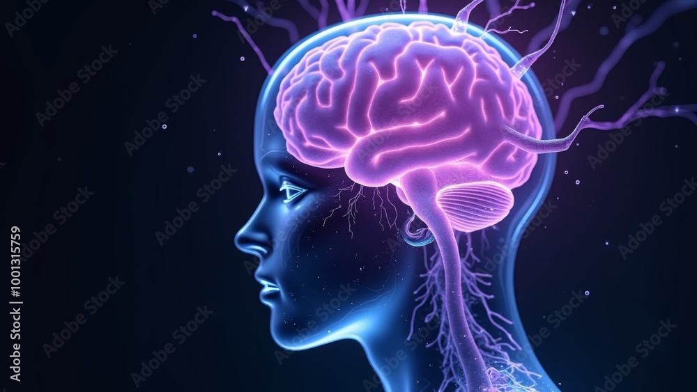 Generative AI, a human head with a glowing brain in the middle of it's ...