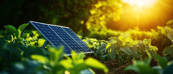 a solar panel positioned among vibrant green plants, illuminated by warm sunlight, showcasing renewa