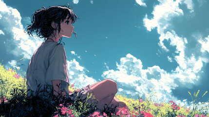 Poster - Girl Gazing at Sky with Flowers and Clouds