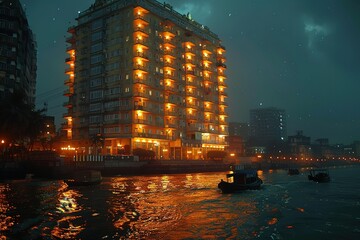 A large building with many windows is lit up at night