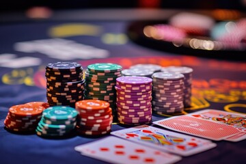 Poster - A vibrant casino table filled with colorful poker chips and playing cards during an exciting gaming session at night. Generative AI