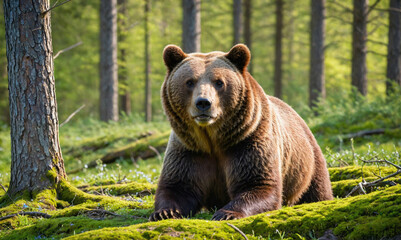 Wall Mural - a brown bear sits in a mossy forest, looking directly at the camera