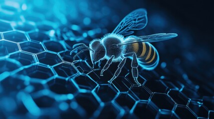 Poster - A geometric wireframe honeycomb design with a buzzing bee overlays a sleek blue background, merging technological precision with natural beauty.