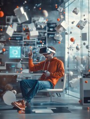 Aufkleber - A virtual reality designer engages with floating 3D objects in a contemporary studio while immersed in technology. Generative AI