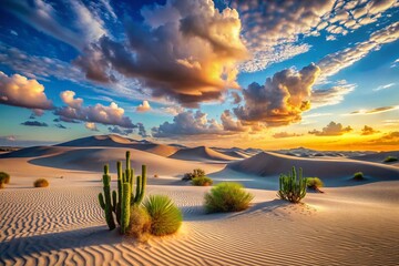 Vibrant, stylized desert landscape featuring rolling sand dunes, towering cacti, and a bright blue sky with fluffy