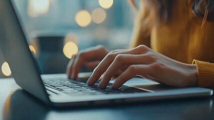 Poster - Woman Typing on Laptop with Bokeh Background