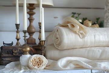 A white blanket is on top of two candles and a vase of flowers