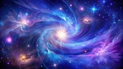 vibrant, swirling starfield background featuring a deep blue and purple nebula with twinkling white 
