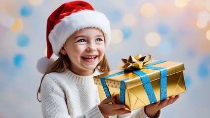 Wall Mural - christmas, holidays and people concept - smiling little girl in santa helper hat with gift box over lights background