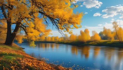 Wall Mural - Golden Autumn Serenity: Vibrant Trees with Yellow Leaves Framing a Tranquil River