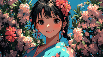 Sticker - Smiling Anime Girl in Floral Kimono, Spring Flowers Bloom in the Wind