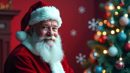 Wall Mural - Portrait of santa claus at home with christmas tree in background