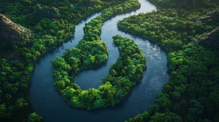 Poster - A breathtaking aerial view of a winding river flowing through a lush green forest, showcasing the beauty and tranquility of nature. The vibrant colors and intricate details of the river and surroundin