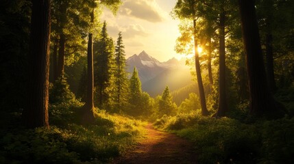 Sticker - A breathtaking vista of a sun-drenched path winding through a lush forest, leading towards majestic mountains bathed in golden light.  The scene evokes tranquility, nature's beauty, and a sense of won