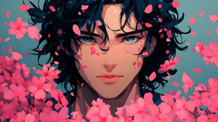 Wall Mural - Anime Boy with Pink Flowers Falling Around Him