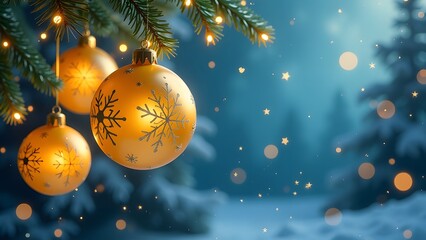 Christmas and New Year background. Christmas tree with golden balls and snowflakes. 3d illustration