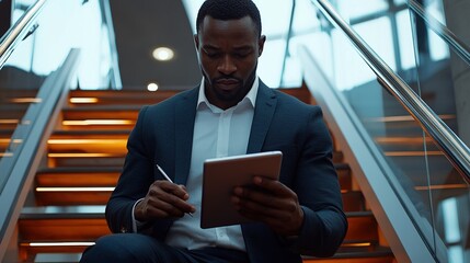 Wall Mural - Confident Businessman Using Tablet While Navigating Stairs