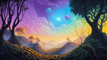 A mystical landscape with vibrant colors, swirling clouds, and two celestial bodies at dusk