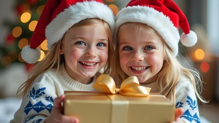 Wall Mural - Portrait of two little girls in Santa hats with Christmas gift box