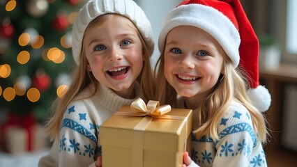 Wall Mural - happy little girls in santa hats with gift box at christmas