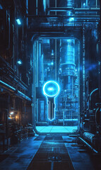 Poster - A glowing key illuminates massive steel door in high tech industrial setting, creating sense of mystery and anticipation. blue light enhances futuristic atmosphere