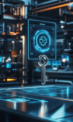 Poster - A sleek metallic key floats above holographic control panel, surrounded by futuristic environment filled with glowing screens and advanced technology. scene evokes sense of innovation and security