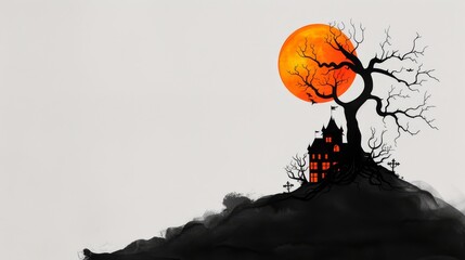 Sticker - A haunting watercolor illustration of a spooky house under a blood moon with a bare, skeletal tree, symbolizing mystery, darkness, and the supernatural.