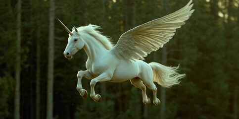 Wall Mural - A majestic white pegasus with a single horn soars gracefully through the lush green forest, symbolizing freedom, magic, strength, purity, and wonder.