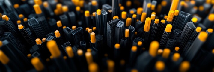 Wall Mural - A mesmerizing abstract cityscape crafted from pencils, showcasing a vibrant blend of black and yellow hues. This image symbolizes urban architecture, creativity, and the power of imagination.