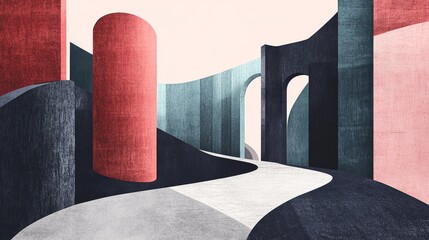 Canvas Print - A minimal and strange illustration of a surreal cityscape, featuring abstract geometric shapes and a winding path.  The image evokes a sense of mystery and the unknown, inviting viewers to explore the