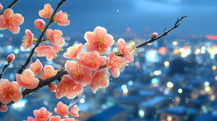 Canvas Print - Cherry Blossoms Blooming in the City at Night