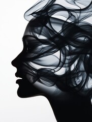 Wall Mural - A silhouette of a woman's profile is enveloped in abstract smoke-like swirls, symbolizing mystery, transformation, sensuality, freedom, and the fleeting nature of time.