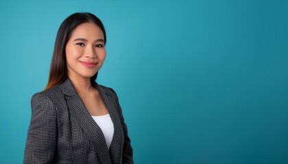 portrait of an Asian woman in a formal pose facing the camera with a plain color background