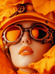 Wall Mural - A stunning steampunk fashion portrait featuring a model with bright orange goggles, a helmet, and bold orange lipstick.  The image evokes a sense of futuristic style, mystery, and strength.