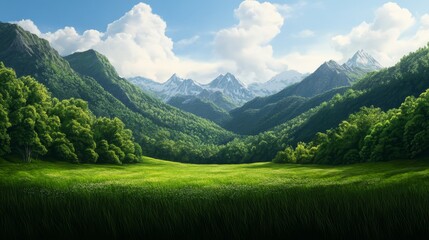 Poster - A tranquil scene of a lush green valley nestled amidst snow-capped mountains, showcasing the beauty of nature and the tranquility of the outdoors.