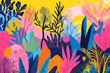 Poster - A vibrant abstract nature illustration with bold colors depicting a colorful forest with plants, leaves, and trees symbolizing growth, diversity, and life.