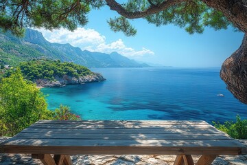 wooden table overlooking a stunning seascape with an inviting blue sky and serene island in the distance showcasing a harmonious blend of nature and comfort