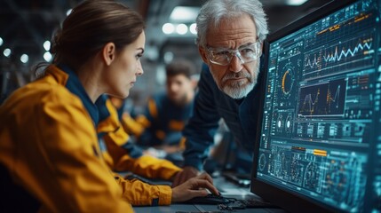 Aufkleber - A man and a woman are looking at a computer screen